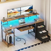55 inch Office Desk with Power Outlet and Adjustable Monitor Stand, Computer Desk with Fabric Drawer and Keyboard Tray, Gaming Desk with LED Light \u0026 PC Stand, Vintage